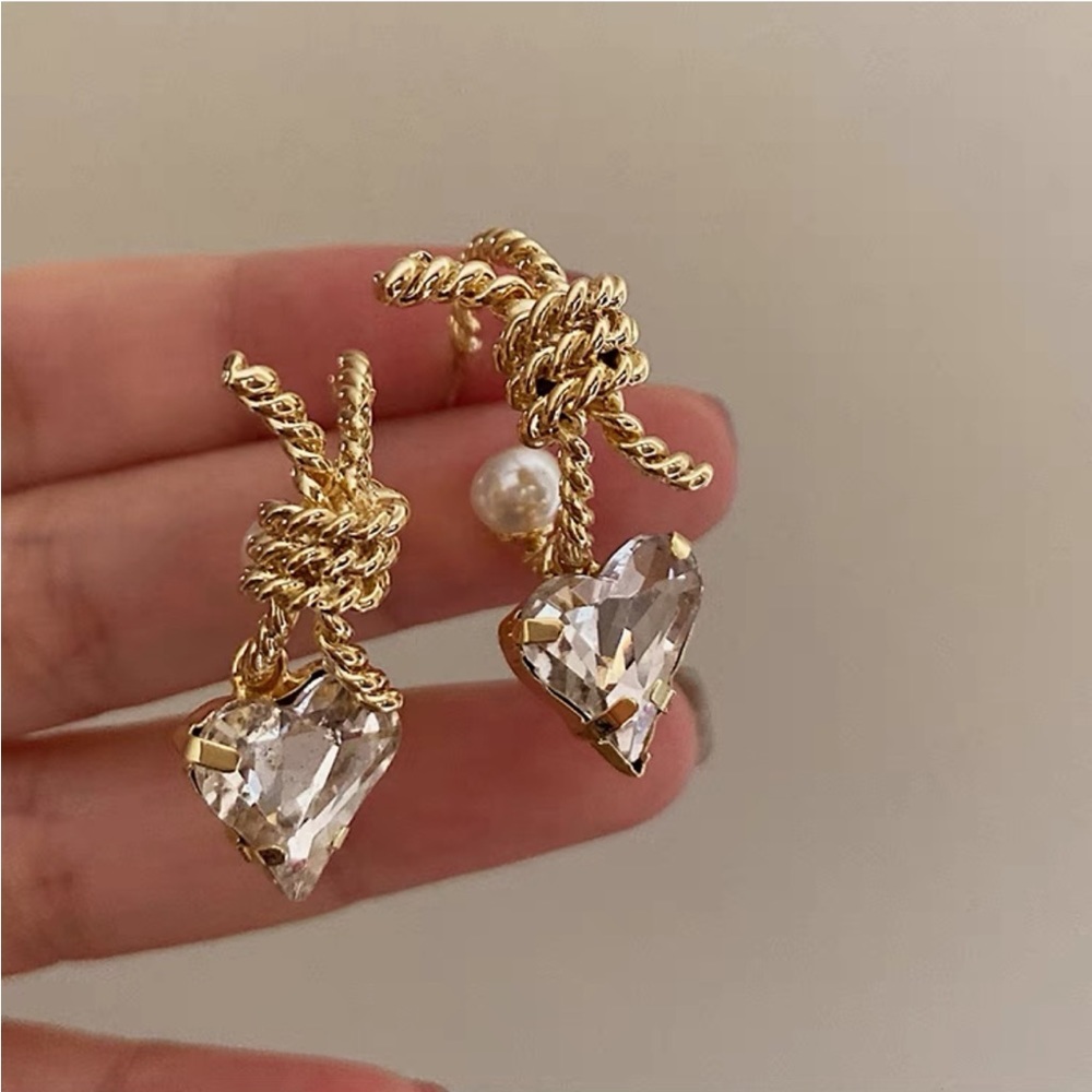 Gold Twisted Rope Knot Heart Crystal Drop Earrings with Pearl Detail